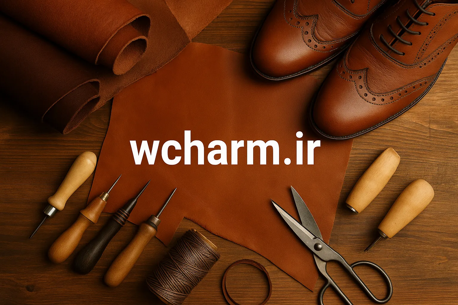 خرید و فروش بهترین چرم کفاشی، کیف دوزی و چرم دوزی 1 تصویر ابزار و مواد اولیه چرم دوزی شامل کفش چرم، ابزار سنتی و ورق چرم قهوهای روی میز چوبی، مناسب برای آموزش و معرفی هنر چرم دوزی و کاربردهای آن در صنایع دستی و کفاشی