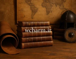 تصویری از کتاب‌های قدیمی چرمی که به خوبی تاریخچه استفاده بشر از چرم را در دوران‌های مختلف، از تمدن‌های باستان تا مدرن، نمایش می‌دهد.